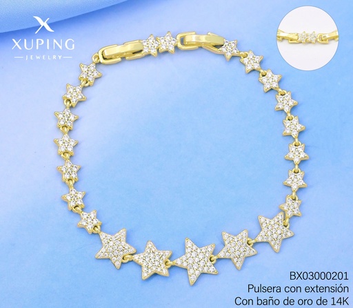 [BX03000201] PULSERA BAÑO DE ORO 14K.XUPING ESLAB. ESTRELLAS ZIRC. ZSYX-0689B(XAG)