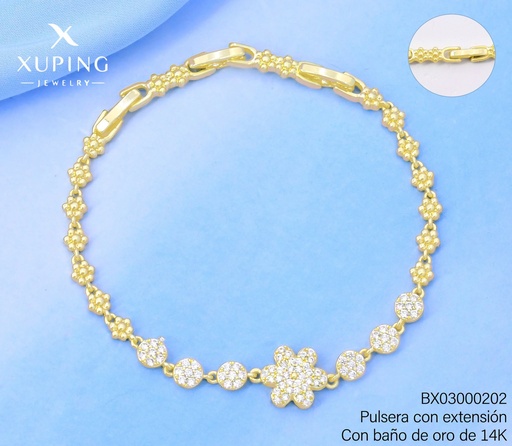 [BX03000202] PULSERA BAÑO DE ORO 14K.XUPING ESLAB. FLOR/RD.ZIRC.UBYX-6355 (XAG)