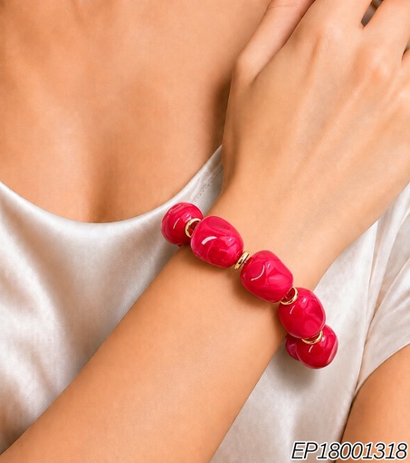[EP18001318] PULSERA ACRILICO PIEDRAS ROJAS CILINDRO IRREG/RUEDITA (INV526)