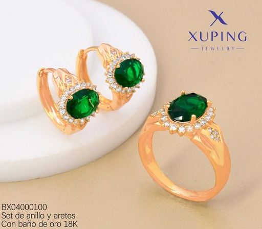 [BX04000100] SET BAÑO DE ORO 18K ARETES/ANILLO SOLITARIO ZIRC.OV.VERDE (XAG)