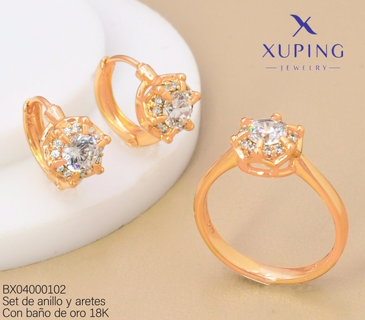 [BX04000102] SET BAÑO DE ORO 18K ARETES/ANILLO ZIRC.RD.6 PUNTAS (XAG)