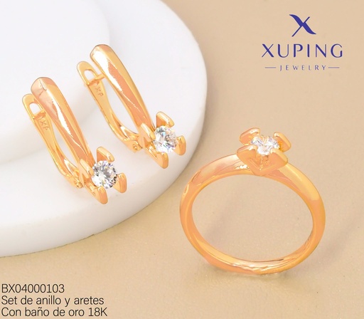 [BX04000103] SET BAÑO DE ORO 18K ARETES/ANILLO SOLITARIO ZIRC.4 PUNTAS (XAG)