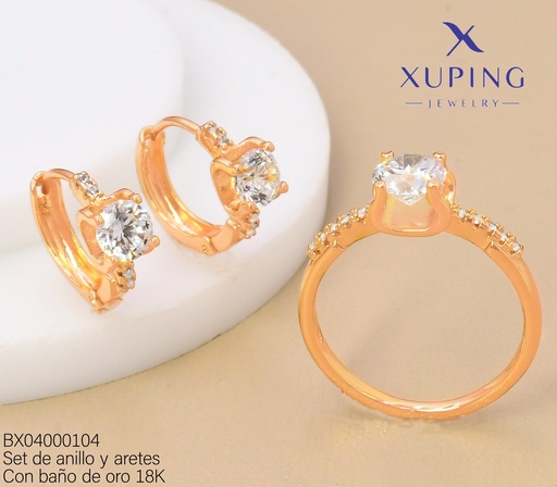 [BX04000104] SET BAÑO DE ORO 18K ARETES/ANILLO SOLITARIO ZIRC.RD.BORDE ZIRC.(XAG)