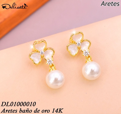 [DL01000010] ARETES BAÑO DE ORO 14K.FLOR BLANCA 3 PET.C/PERLA MC69A (DEL1)