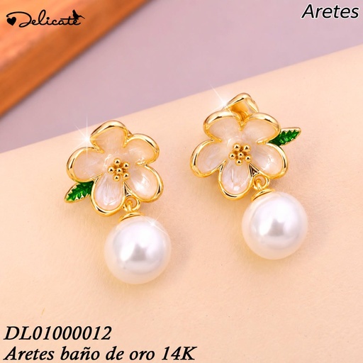 [DL01000012] ARETES BAÑO DE ORO 14K.FLOR CELESTES 5 PET.C/PERLA MC59A 8MM (DEL1)