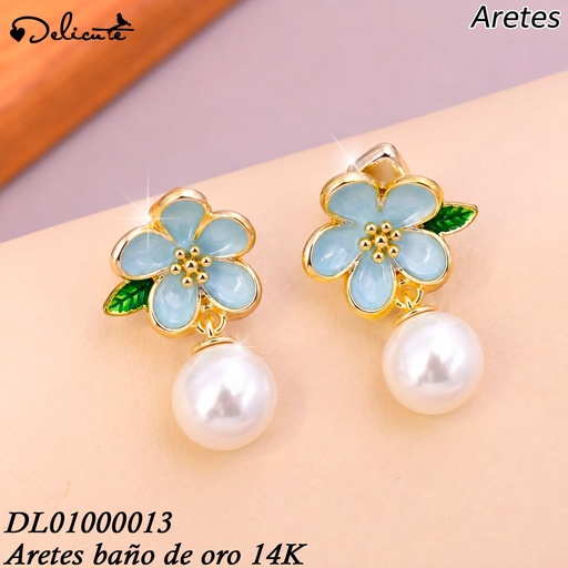 [DL01000013] ARETES BAÑO DE ORO 14K.FLOR NACAR 5 PET.C/PERLA MC59A 8MM (DEL1)