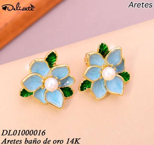 [DL01000016] ARETES BAÑO DE ORO 14K.FLOR CELESTE MC55A (DEL1)