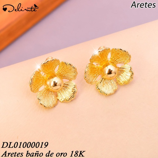 [DL01000019] ARETES BAÑO DE ORO 18K.FLOR PETALOS RAYADOS XM981A (DEL1)