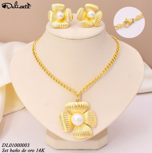 [DL01000003] SET BAÑO DE ORO 14K. FLOR.GR. 4 PET. C/PERLA WD4953A (DEL1)