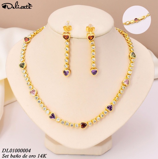 [DL01000004] SET BAÑO DE ORO 14K. CAD-ARETES ZIRC.CORAZ/RD XM1449A (DEL1)