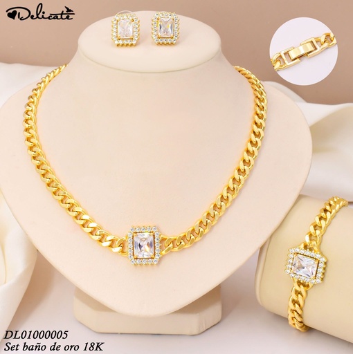 [DL01000005] SET BAÑO DE ORO 18K. RECT.ZIRC CAD-PUL MARTILLADA WD3671A (DEL1)