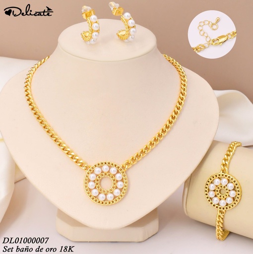 [DL01000007] SET BAÑO DE ORO 18K. RD.PERLAS CAD-PUL MARTILL.KY1394A (DEL1)