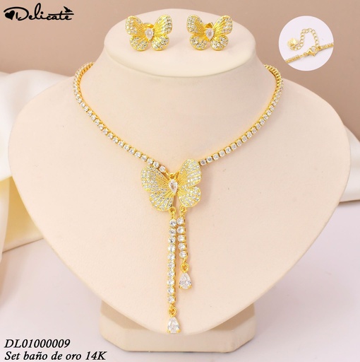 [DL01000009] SET BAÑO DE ORO 14K. MARIPOSAS ZIRC.C/CAMISERO YAH119A (DEL1)