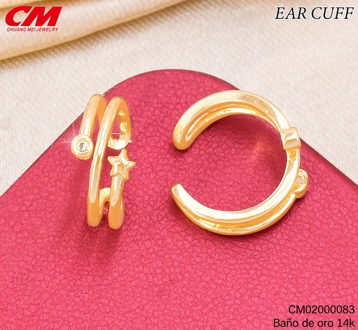 [CM02000083] EAR CUFF BAÑO DE ORO 14K. DOBLE ESTRELLA-ZIRC.RD. RJ-02120003 (27A)
