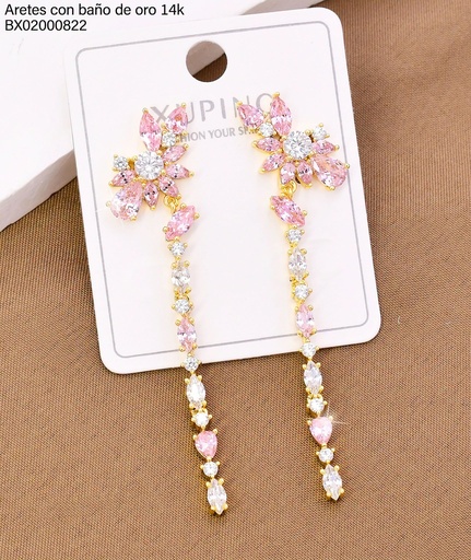 [BX02000822] ARETES BAÑO DE ORO 14K. XUPING FLOR ALARGADA ZIRC. ROSA 27AGOS(XP)