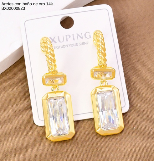 [BX02000823] ARETES BAÑO DE ORO 14K. XUPING "C" ZIRC RECT COLGANTES 27AGOS(XP)