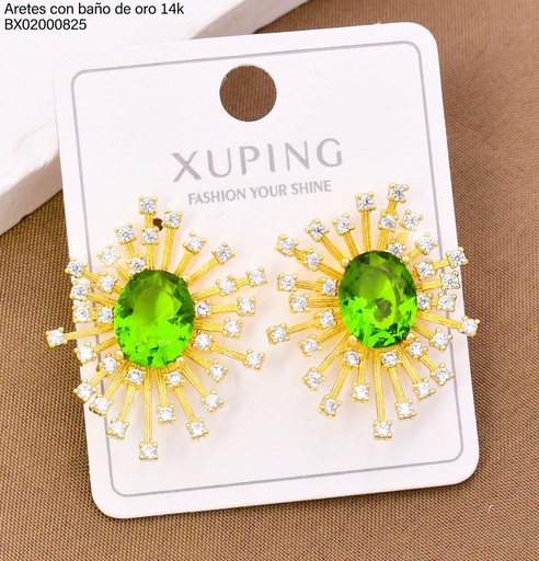 [BX02000825] ARETES BAÑO DE ORO 14K. XUPING  OV. VERDE/ LINEAS ZIRC. 27AGOS(XP)
