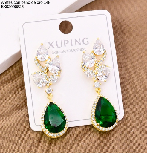[BX02000826] ARETES BAÑO DE ORO 14K. XUPING HOJITAS / GOTA ZIRC VERDE 27AGOS(XP)