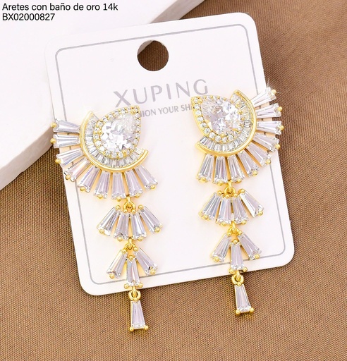 [BX02000827] ARETES BAÑO DE ORO 14K. XUPING LARGOS GOTA CRISTAL/ABANICO INVERT./COLGANTES 27AGOS(XP)
