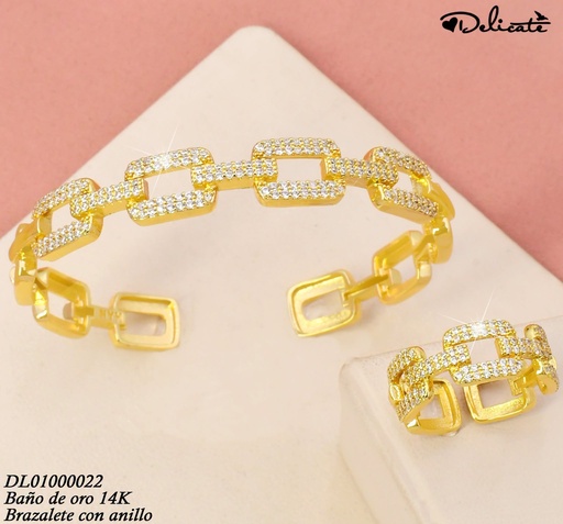 [DL01000022] BRAZALETE C/ANILLO AJUST. BAÑO DE ORO 14K.ESLAB.CAD.LISO-ZIRC.KY875A (DEL1)