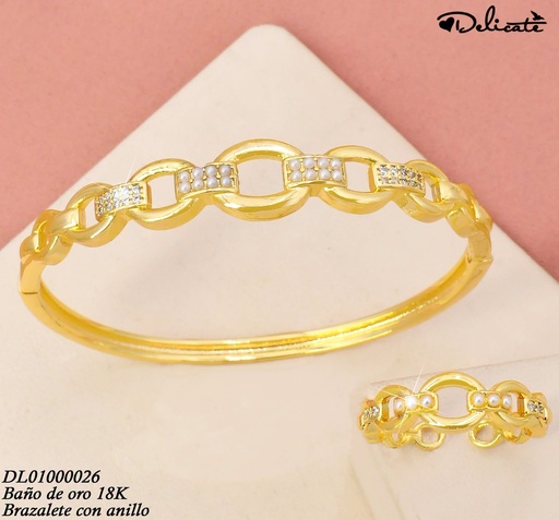 [DL01000026] BRAZALETE C/ANILLO AJUST. BAÑO DE ORO 18K.ESLAB.CAD C/PERLITAS GSH742A (DEL1)