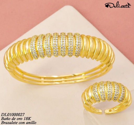 [DL01000027] BRAZALETE C/ANILLO AJUST. BAÑO DE ORO 18K. FRANJAS VERT.LISAS-ZIRC..KY1223A (DEL1)