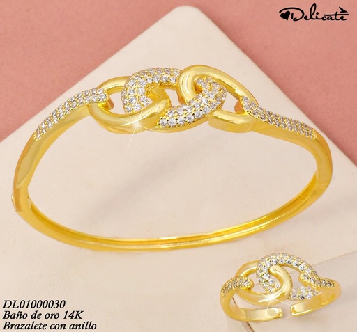 [DL01000030] BRAZALETE C/ANILLO AJUST. BAÑO DE ORO 14K. 3 ESLAB.CAD.ZIRC.ZWQ34 (DEL1)