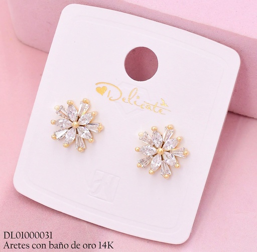 [DL01000031] ARETES BAÑO DE ORO 14K. FLOR PETALOS ZIRC.TG3783A (DEL1)