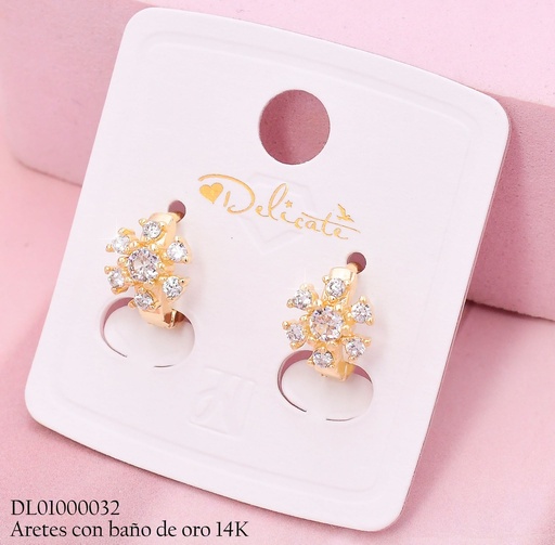 [DL01000032] ARETES HUGGIES BAÑO DE ORO 14K. FLOR PETALOS ZIRC.TG3783A (DEL1)