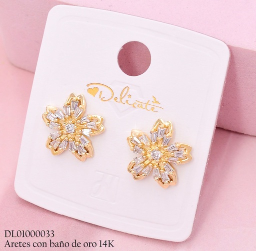 [DL01000033] ARETES BAÑO DE ORO 14K. FLOR PETALOS ZIRC.SS996B (DEL1)