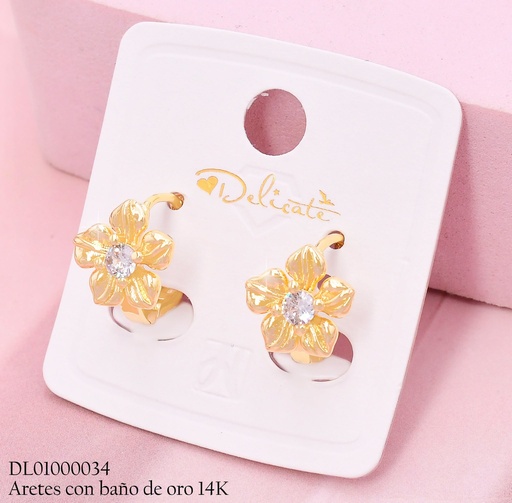 [DL01000034] ARETES HUGGIES BAÑO DE ORO 14K. FLOR CENTRO ZIRC.YAH371H (DEL1)
