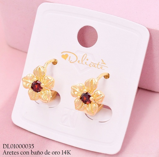 [DL01000035] ARETES HUGGIES BAÑO DE ORO 14K. FLOR CENTRO ZIRC.ROJA YAH371H (DEL1)