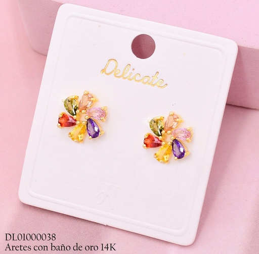 [DL01000038] ARETES BAÑO DE ORO 14K. FLOR PETALOS COL.MY93A (DEL1)