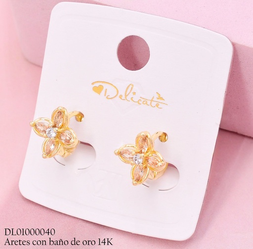 [DL01000040] ARETES HUGGIES BAÑO DE ORO 14K. FLOR ZIRC.BEIGE LHH516F (DEL1)