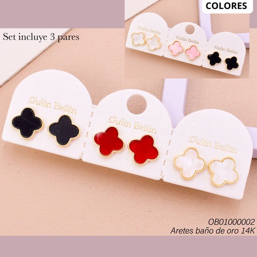 [OB01000002] PAQ. 3 PARES ARETES BAÑO DE ORO 14K. VAN CLEEF COLORES SURT. 82412YZ