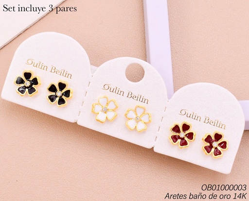 [OB01000003] PAQ. 3 PARES ARETES BAÑO DE ORO 14K. FLOR COL. SURT.