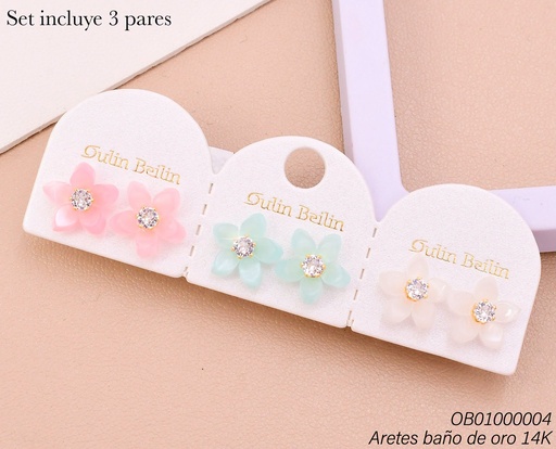[OB01000004] PAQ. 3 PARES ARETES BAÑO DE ORO 14K. FLOR COL. SURT. 91961