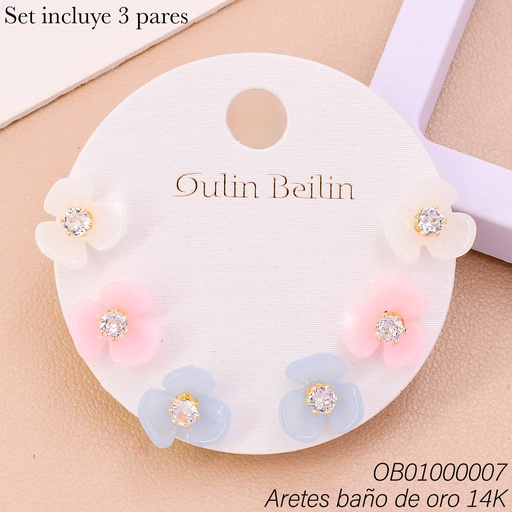 [OB01000007] PAQ. 3 PARES ARETES BAÑO DE ORO 14K. FLORES COL SURT. 91245YZ