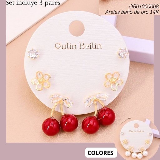 [OB01000008] PAQ. 3 PARES ARETES BAÑO DE ORO 14K.  RD/FLOR/CEREZAS COL SURT. 90518YZ
