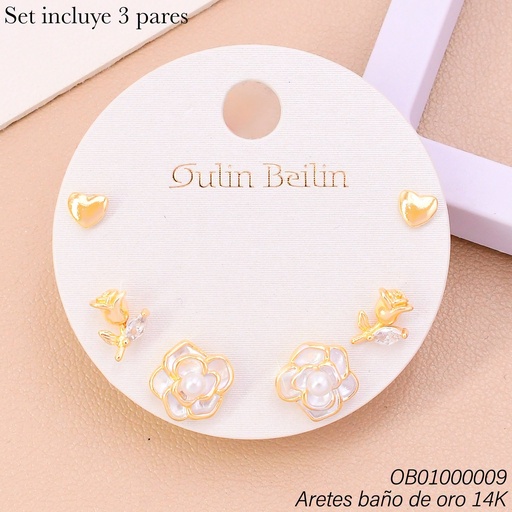 [OB01000009] PAQ. 3 PARES ARETES BAÑO DE ORO 14K. CORAZON/ROSA/FLOR 92395YZ