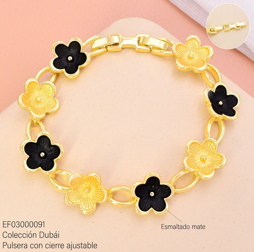 [EF03000091] PULSERA FLORES DORADAS/NEGRAS FD27894