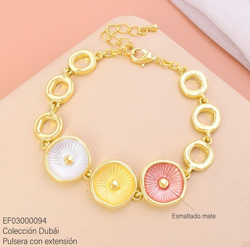 [EF03000094] PULSERA ESLABONES  CIRCULOS C/RD ROSA-DOR-PLAT CENTRO FD27356