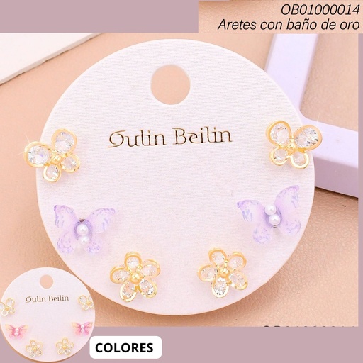 [OB01000014] PAQ. 3 PARES ARETES BAÑO DE ORO MARIPOSAS/FLOR 91843YZ