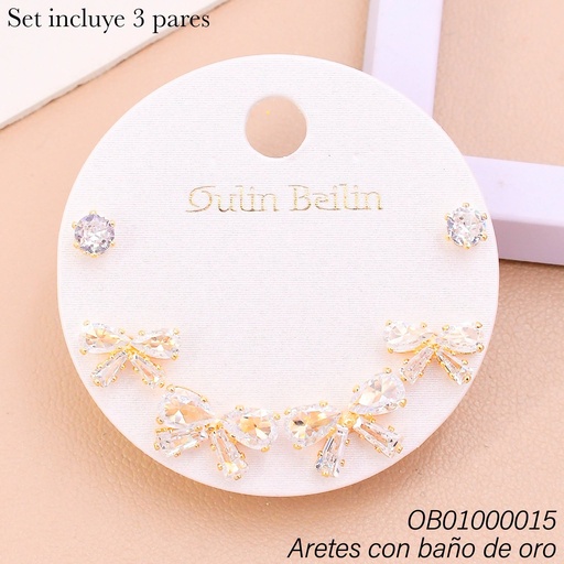 [OB01000015] PAQ. 3 PARES ARETES BAÑO DE ORO ZIRC.LAZOS-RD 84005YZ