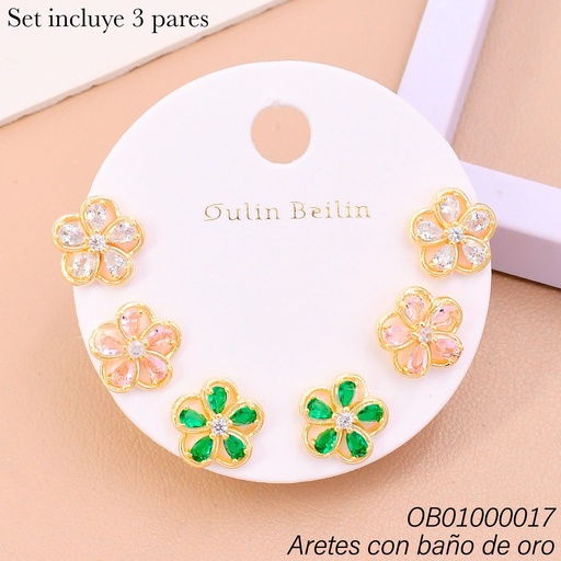 [OB01000017] PAQ. 3 PARES ARETES BAÑO DE ORO FLORES ZIRC.COL 88421YZ