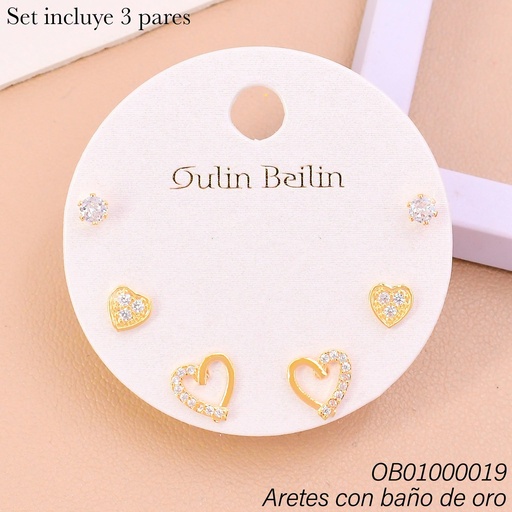 [OB01000019] PAQ. 3 PARES ARETES BAÑO DE ORO ZIRC.RD-CORAZONES 89998YZ