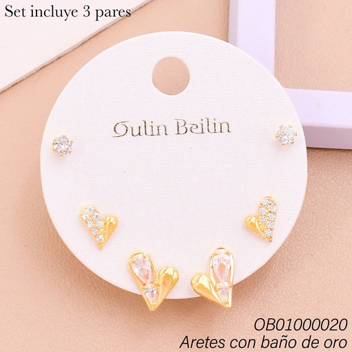 [OB01000020] PAQ. 3 PARES ARETES BAÑO DE ORO ZIRC.RD.-CORAZONES 90111YZ
