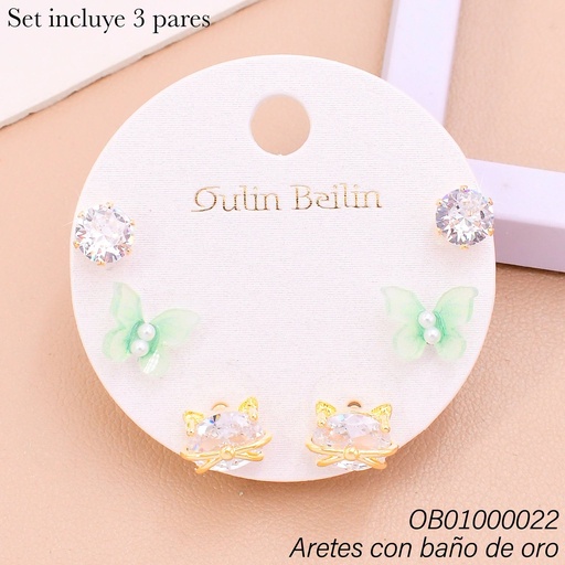 [OB01000022] PAQ. 3 PARES ARETES BAÑO DE ORO ZIRC.RD-MARIPOSA-GATO 91816YZ