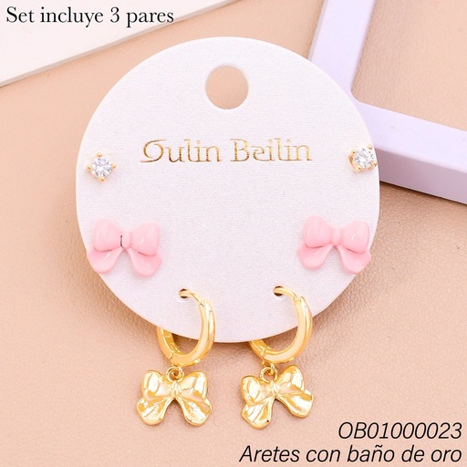 [OB01000023] PAQ. 3 PARES ARETES BAÑO DE ORO ZIRC-LAZO-ARGOLLAS 91845YZ