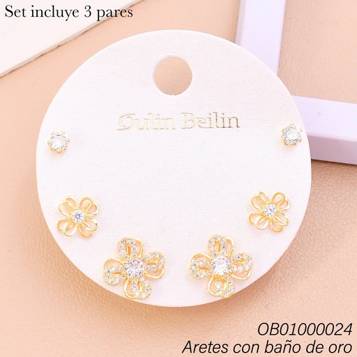 [OB01000024] PAQ. 3 PARES ARETES BAÑO DE ORO ZIRC.RD-FLORES 91032YZ